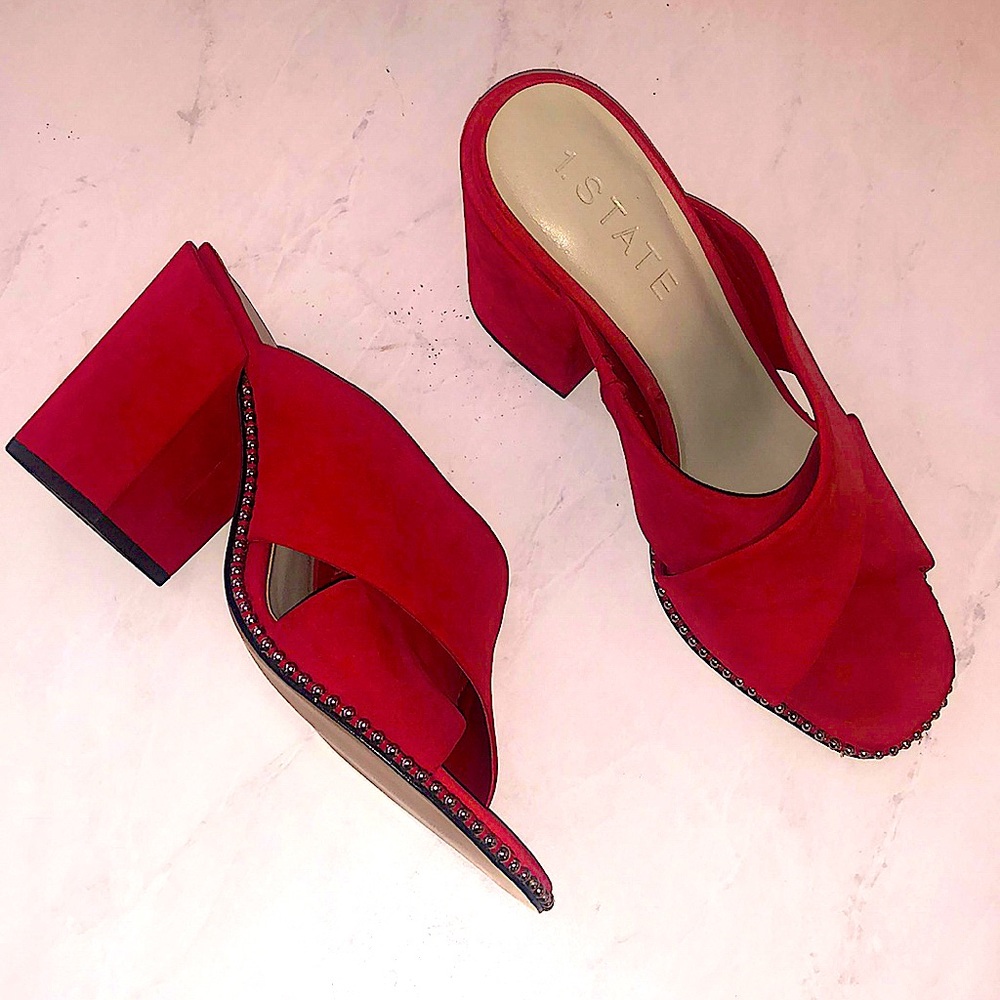 1. State Red Leather Suede Richard Chunky Heel Crossover Sandal